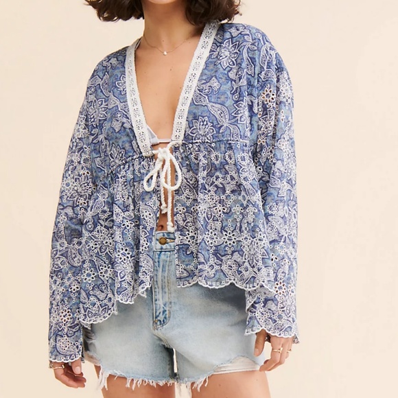 Free People Anissa Bed Jacket in Blue Combo sz small NWT - Picture 4 of 4